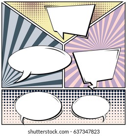 Abstract creative concept comic pop art style blank, layout template with clouds beams and isolated dots background. For sale banner, empty speech bubble set, vector illustration halftone book design