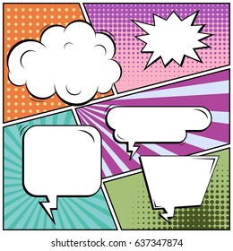 Abstract creative concept comic pop art style blank, layout template with clouds beams and isolated dots background. For sale banner, empty speech bubble set, vector illustration halftone book design