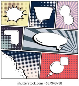 Abstract creative concept comic pop art style blank, layout template with clouds beams and isolated dots background. For sale banner, empty speech bubble set, vector illustration halftone book design