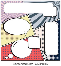Abstract creative concept comic pop art style blank, layout template with clouds beams and isolated dots background. For sale banner, empty speech bubble set, vector illustration halftone book design