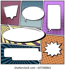 Abstract creative concept comic pop art style blank, layout template with clouds beams and isolated dots background. For sale banner, empty speech bubble set, vector illustration halftone book design