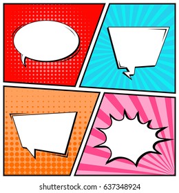 Concepto creativo abstracto estilo de arte pop cómico en blanco, plantilla de diseño con vigas nubes y fondo de puntos aislados. Banner de venta, conjunto de burbujas de voz vacías, diseño de libro medio de ilustración vectorial