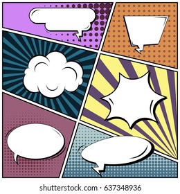 Abstract creative concept comic pop art style blank, layout template with clouds beams and isolated dots background. For sale banner, empty speech bubble set, vector illustration halftone book design