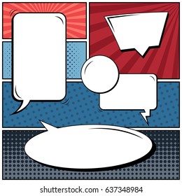 Abstract creative concept comic pop art style blank, layout template with clouds beams and isolated dots background. For sale banner, empty speech bubble set, vector illustration halftone book design