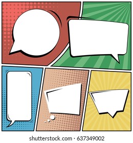 Abstract creative concept comic pop art style blank, layout template with clouds beams and isolated dots background. For sale banner, empty speech bubble set, vector illustration halftone book design