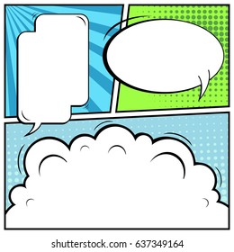 Abstract creative concept comic pop art style blank, layout template with clouds beams and isolated dots background. For sale banner, empty speech bubble set, vector illustration halftone book design