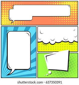 Abstract creative concept comic pop art style blank, layout template with clouds beams and isolated dots background. For sale banner, empty speech bubble set, vector illustration halftone book design