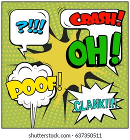 Abstract creative concept comic pop art style blank, layout template with clouds beams and isolated dots background. For sale banner, empty speech bubble set, vector illustration halftone book design