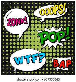 Abstract creative concept comic pop art style blank, layout template with clouds beams and isolated dots background. For sale banner, empty speech bubble set, vector illustration halftone book design