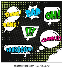 Abstract creative concept comic pop art style blank, layout template with clouds beams and isolated dots background. For sale banner, empty speech bubble set, vector illustration halftone book design