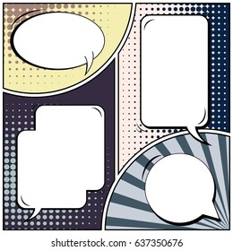Abstract creative concept comic pop art style blank, layout template with clouds beams and isolated dots background. For sale banner, empty speech bubble set, vector illustration halftone book design