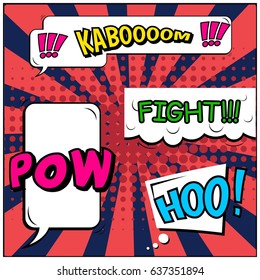 Abstract creative concept comic pop art style blank, layout template with clouds beams and isolated dots background. For sale banner, empty speech bubble set, vector illustration halftone book design
