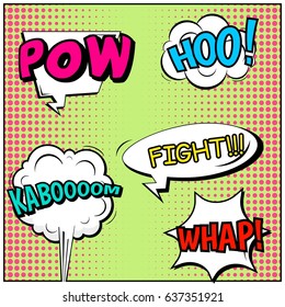 Abstract creative concept comic pop art style blank, layout template with clouds beams and isolated dots background. For sale banner, empty speech bubble set, vector illustration halftone book design