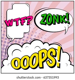 Abstract creative concept comic pop art style blank, layout template with clouds beams and isolated dots background. For sale banner, empty speech bubble set, vector illustration halftone book design
