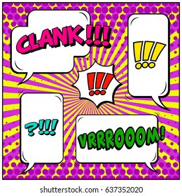 Abstract creative concept comic pop art style blank, layout template with clouds beams and isolated dots background. For sale banner, empty speech bubble set, vector illustration halftone book design
