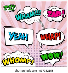 Abstract creative concept comic pop art style blank, layout template with clouds beams and isolated dots background. For sale banner, empty speech bubble set, vector illustration halftone book design