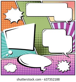Abstract creative concept comic pop art style blank, layout template with clouds beams and isolated dots background. For sale banner, empty speech bubble set, vector illustration halftone book design