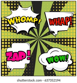 Abstract creative concept comic pop art style blank, layout template with clouds beams and isolated dots background. For sale banner, empty speech bubble set, vector illustration halftone book design