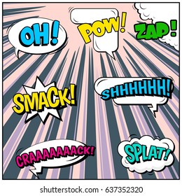 Abstract creative concept comic pop art style blank, layout template with clouds beams and isolated dots background. For sale banner, empty speech bubble set, vector illustration halftone book design