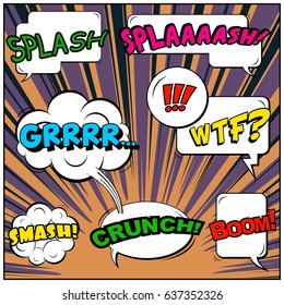 Abstract creative concept comic pop art style blank, layout template with clouds beams and isolated dots background. For sale banner, empty speech bubble set, vector illustration halftone book design