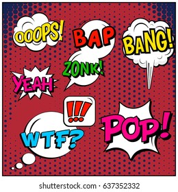 Abstract creative concept comic pop art style blank, layout template with clouds beams and isolated dots background. For sale banner, empty speech bubble set, vector illustration halftone book design
