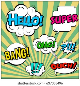 Abstract creative concept comic pop art style blank, layout template with clouds beams and isolated dots background. For sale banner, empty speech bubble set, vector illustration halftone book design