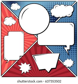 Abstract creative concept comic pop art style blank, layout template with clouds beams and isolated dots background. For sale banner, empty speech bubble set, vector illustration halftone book design