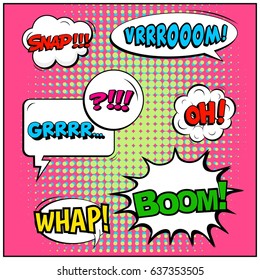 Abstract creative concept comic pop art style blank, layout template with clouds beams and isolated dots background. For sale banner, empty speech bubble set, vector illustration halftone book design