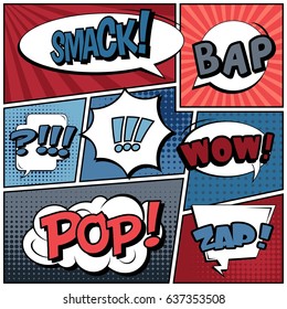 Abstract creative concept comic pop art style blank, layout template with clouds beams and isolated dots background. For sale banner, empty speech bubble set, vector illustration halftone book design