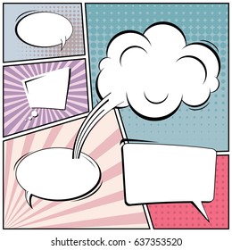 Abstract creative concept comic pop art style blank, layout template with clouds beams and isolated dots background. For sale banner, empty speech bubble set, vector illustration halftone book design