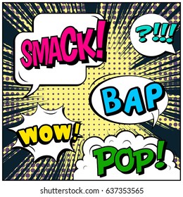 Abstract creative concept comic pop art style blank, layout template with clouds beams and isolated dots background. For sale banner, empty speech bubble set, vector illustration halftone book design