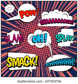 Abstract creative concept comic pop art style blank, layout template with clouds beams and isolated dots background. For sale banner, empty speech bubble set, vector illustration halftone book design