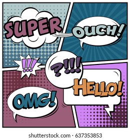 Abstract creative concept comic pop art style blank, layout template with clouds beams and isolated dots background. For sale banner, empty speech bubble set, vector illustration halftone book design