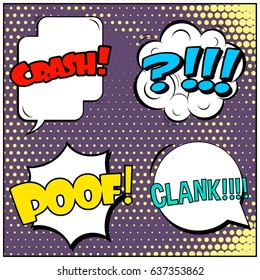 Abstract creative concept comic pop art style blank, layout template with clouds beams and isolated dots background. For sale banner, empty speech bubble set, vector illustration halftone book design