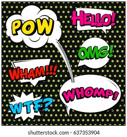 Abstract creative concept comic pop art style blank, layout template with clouds beams and isolated dots background. For sale banner, empty speech bubble set, vector illustration halftone book design