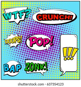 Abstract creative concept comic pop art style blank, layout template with clouds beams and isolated dots background. For sale banner, empty speech bubble set, vector illustration halftone book design