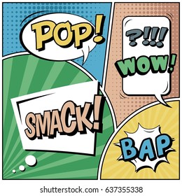 Abstract creative concept comic pop art style blank, layout template with clouds beams and isolated dots background. For sale banner, empty speech bubble set, vector illustration halftone book design