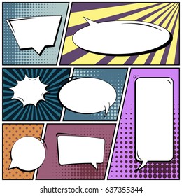 Abstract creative concept comic pop art style blank, layout template with clouds beams and isolated dots background. For sale banner, empty speech bubble set, vector illustration halftone book design