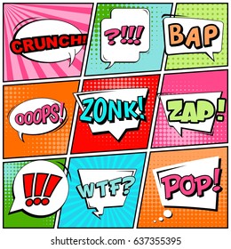 Abstract creative concept comic pop art style blank, layout template with clouds beams and isolated dots background. For sale banner, empty speech bubble set, vector illustration halftone book design