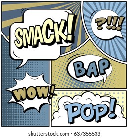 Abstract creative concept comic pop art style blank, layout template with clouds beams and isolated dots background. For sale banner, empty speech bubble set, vector illustration halftone book design