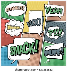 Abstract creative concept comic pop art style blank, layout template with clouds beams and isolated dots background. For sale banner, empty speech bubble set, vector illustration halftone book design