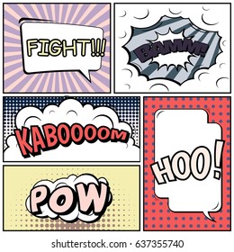 Abstract creative concept comic pop art style blank, layout template with clouds beams and isolated dots background. For sale banner, empty speech bubble set, vector illustration halftone book design