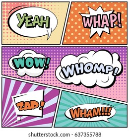 Abstract creative concept comic pop art style blank, layout template with clouds beams and isolated dots background. For sale banner, empty speech bubble set, vector illustration halftone book design
