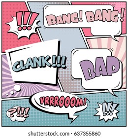 Abstract creative concept comic pop art style blank, layout template with clouds beams and isolated dots background. For sale banner, empty speech bubble set, vector illustration halftone book design