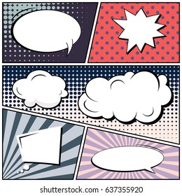 Abstract creative concept comic pop art style blank, layout template with clouds beams and isolated dots background. For sale banner, empty speech bubble set, vector illustration halftone book design