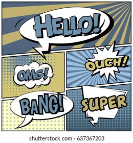 Abstract creative concept comic pop art style blank, layout template with clouds beams and isolated dots background. For sale banner, empty speech bubble set, vector illustration halftone book design