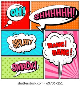 Abstract creative concept comic pop art style blank, layout template with clouds beams and isolated dots background. For sale banner, empty speech bubble set, vector illustration halftone book design
