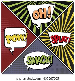 Abstract creative concept comic pop art style blank, layout template with clouds beams and isolated dots background. For sale banner, empty speech bubble set, vector illustration halftone book design