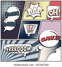 Abstract creative concept comic pop art style blank, layout template with clouds beams and isolated dots background. For sale banner, empty speech bubble set, vector illustration halftone book design