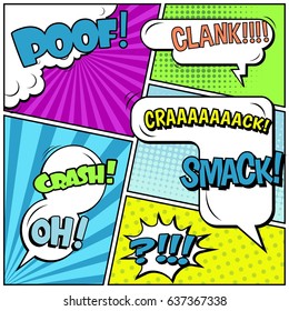 Abstract creative concept comic pop art style blank, layout template with clouds beams and isolated dots background. For sale banner, empty speech bubble set, vector illustration halftone book design